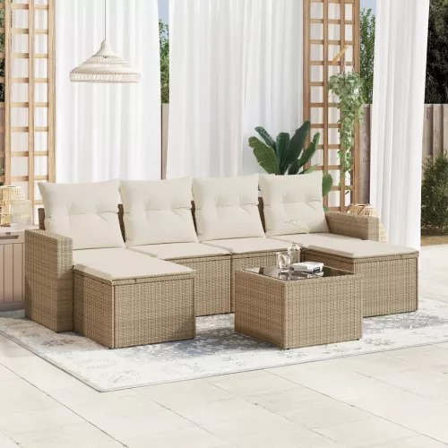  7 részes bézs polyrattan kerti ülőgarnitúra párnákkal