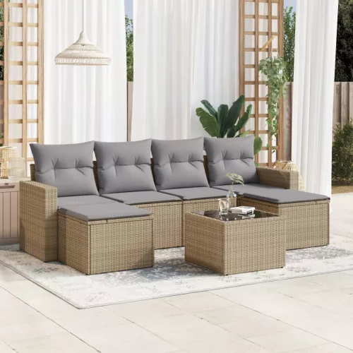  7 részes bézs polyrattan kerti ülőgarnitúra párnákkal