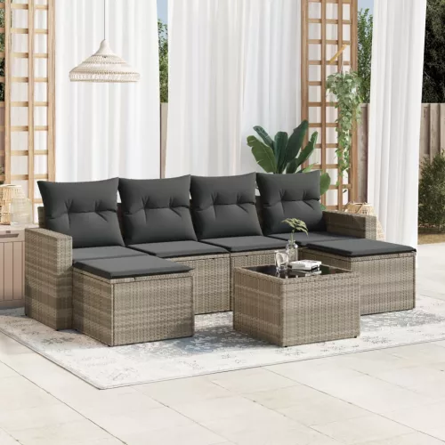  7 részes világosszürke polyrattan kerti ülőgarnitúra párnákkal