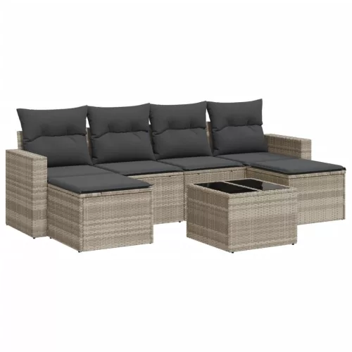  7 részes világosszürke polyrattan kerti ülőgarnitúra párnákkal