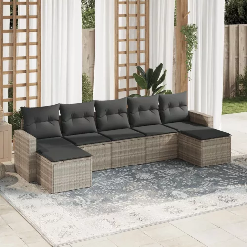  7 részes világosszürke polyrattan kerti ülőgarnitúra párnákkal