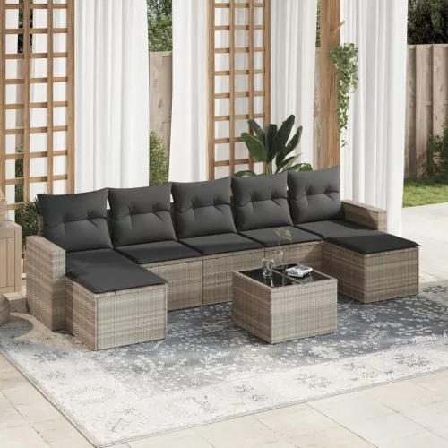  8 részes világosszürke polyrattan kerti ülőgarnitúra párnával