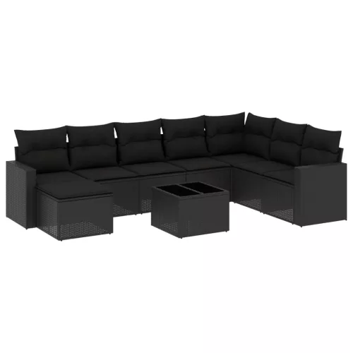  9 részes fekete polyrattan kerti ülőgarnitúra párnákkal