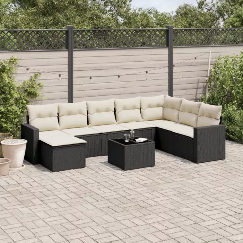  9 részes fekete polyrattan kerti ülőgarnitúra párnákkal