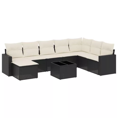  9 részes fekete polyrattan kerti ülőgarnitúra párnákkal