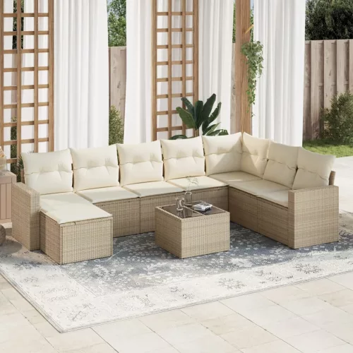  9 részes bézs polyrattan kerti ülőgarnitúra párnákkal