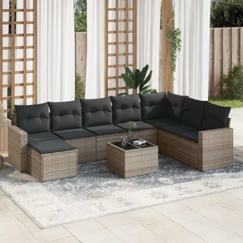  9 részes szürke polyrattan kerti ülőgarnitúra párnákkal