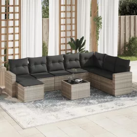    9 részes világosszürke polyrattan kerti ülőgarnitúra párnával