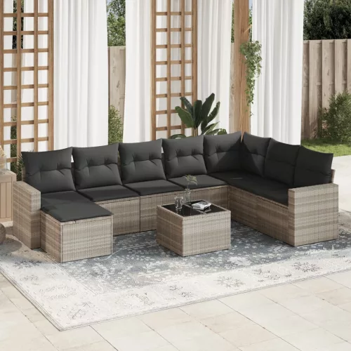  9 részes világosszürke polyrattan kerti ülőgarnitúra párnával