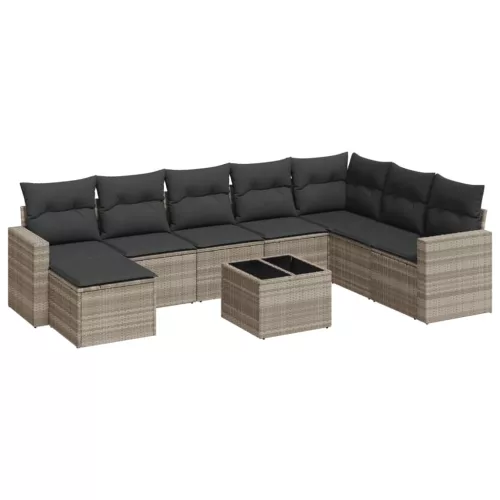  9 részes világosszürke polyrattan kerti ülőgarnitúra párnával