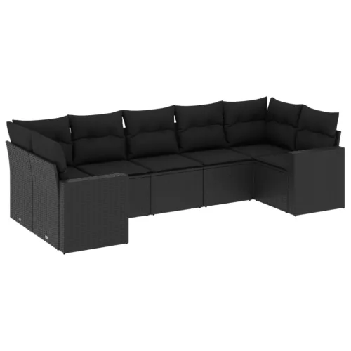  7 részes fekete polyrattan kerti ülőgarnitúra párnával