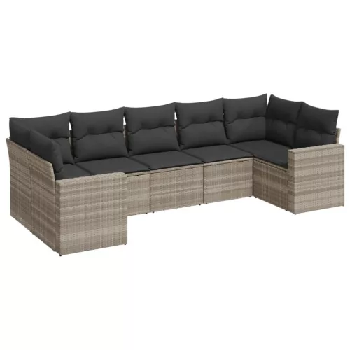  7 részes világosszürke polyrattan kerti ülőgarnitúra párnákkal