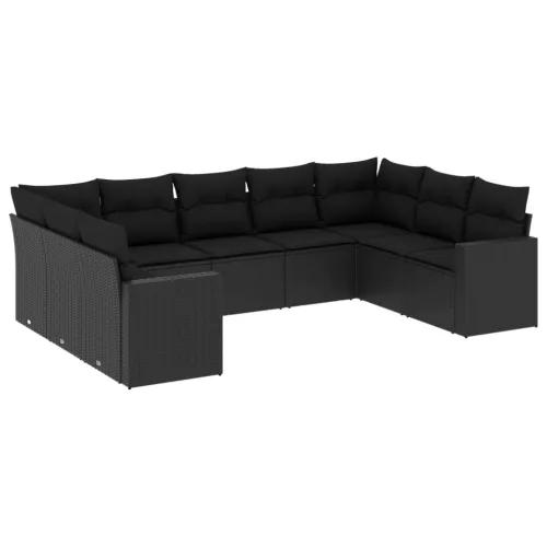  9 részes fekete polyrattan kerti ülőgarnitúra párnákkal