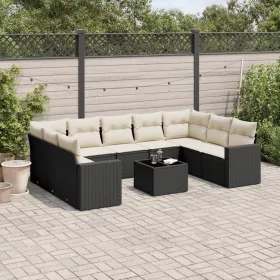    10 részes fekete polyrattan kerti ülőgarnitúra párnákkal