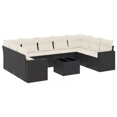  10 részes fekete polyrattan kerti ülőgarnitúra párnákkal