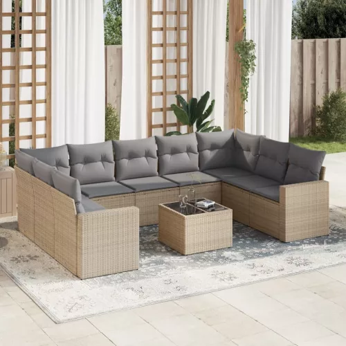  10 részes bézs polyrattan kerti ülőgarnitúra párnával