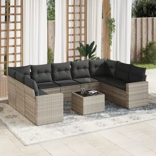  10 részes világosszürke polyrattan kerti ülőgarnitúra párnákkal