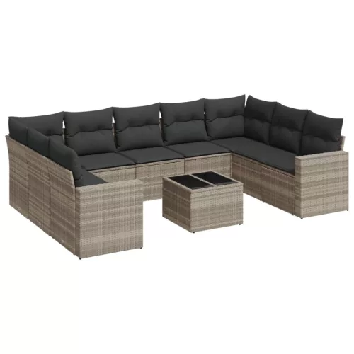  10 részes világosszürke polyrattan kerti ülőgarnitúra párnákkal