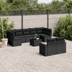    10 részes fekete polyrattan kerti ülőgarnitúra párnákkal