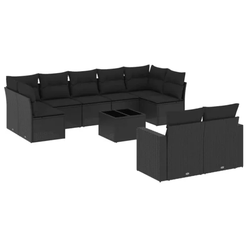  10 részes fekete polyrattan kerti ülőgarnitúra párnákkal