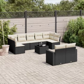    10 részes fekete polyrattan kerti ülőgarnitúra párnákkal