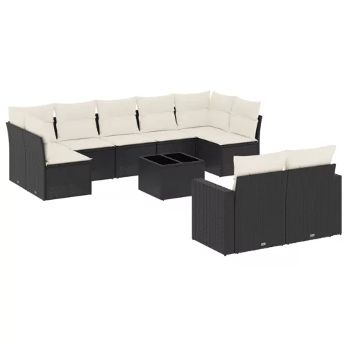  10 részes fekete polyrattan kerti ülőgarnitúra párnákkal