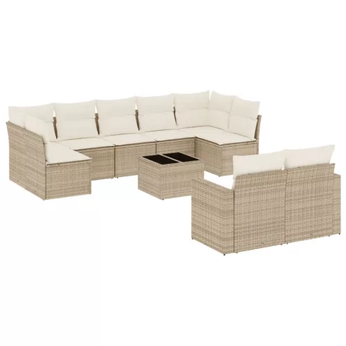  10 részes bézs polyrattan kerti ülőgarnitúra párnával