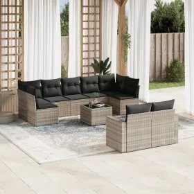   10 részes világosszürke polyrattan kerti ülőgarnitúra párnákkal