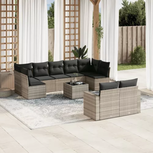  10 részes világosszürke polyrattan kerti ülőgarnitúra párnákkal