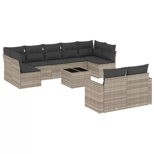  10 részes világosszürke polyrattan kerti ülőgarnitúra párnákkal