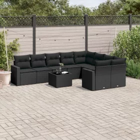    10 részes fekete polyrattan kerti ülőgarnitúra párnákkal