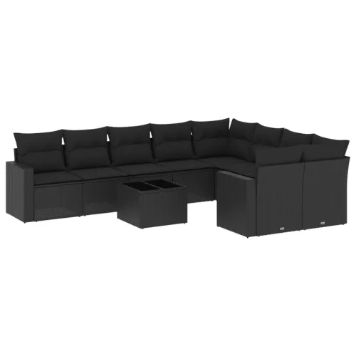  10 részes fekete polyrattan kerti ülőgarnitúra párnákkal