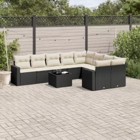    10 részes fekete polyrattan kerti ülőgarnitúra párnákkal
