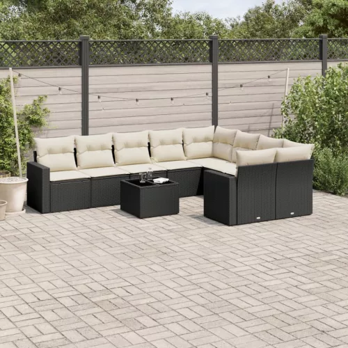  10 részes fekete polyrattan kerti ülőgarnitúra párnákkal