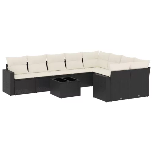  10 részes fekete polyrattan kerti ülőgarnitúra párnákkal