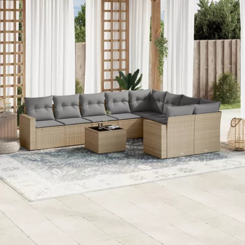  10 részes bézs polyrattan kerti ülőgarnitúra párnával