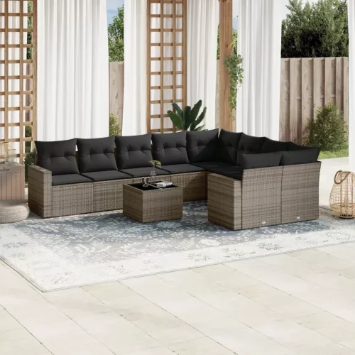 10 részes szürke polyrattan kerti ülőgarnitúra párnákkal