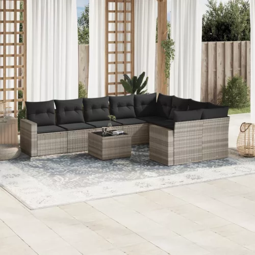  10 részes világosszürke polyrattan kerti ülőgarnitúra párnákkal