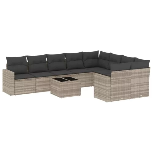  10 részes világosszürke polyrattan kerti ülőgarnitúra párnákkal