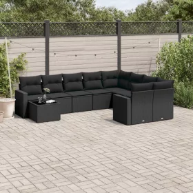    10 részes fekete polyrattan kerti ülőgarnitúra párnákkal