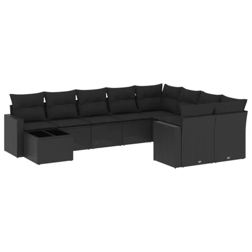  10 részes fekete polyrattan kerti ülőgarnitúra párnákkal
