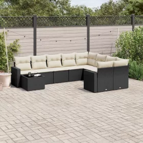    10 részes fekete polyrattan kerti ülőgarnitúra párnákkal