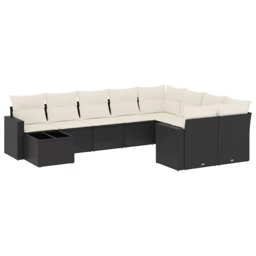  10 részes fekete polyrattan kerti ülőgarnitúra párnákkal