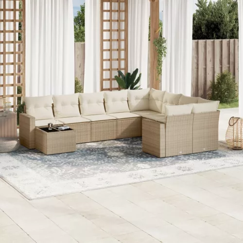  10 részes bézs polyrattan kerti ülőgarnitúra párnával