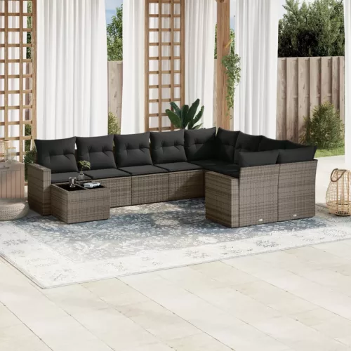  10 részes szürke polyrattan kerti ülőgarnitúra párnákkal