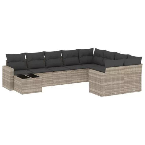  10 részes világosszürke polyrattan kerti ülőgarnitúra párnákkal