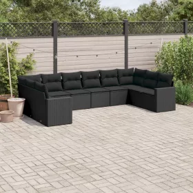    10 részes fekete polyrattan kerti ülőgarnitúra párnákkal
