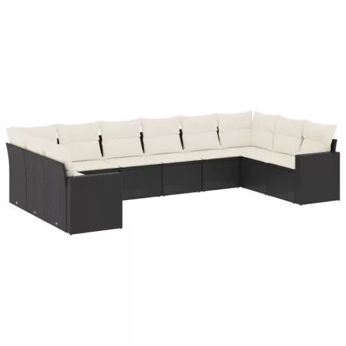  10 részes fekete polyrattan kerti ülőgarnitúra párnákkal