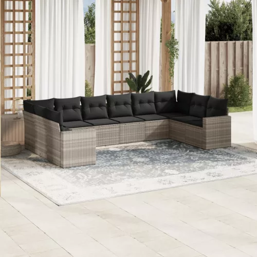  10 részes világosszürke polyrattan kerti ülőgarnitúra párnákkal