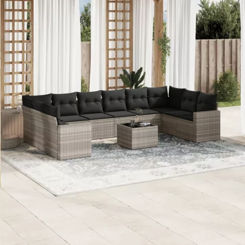  11 részes világosszürke polyrattan kerti ülőgarnitúra párnákkal